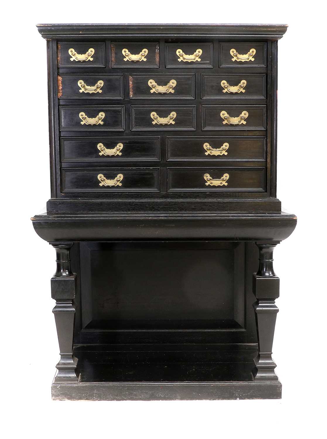 An Ebonised and Oak-Lined Cabinet on Stand, the moulded top above an arrangement of fourteen small - Image 2 of 3