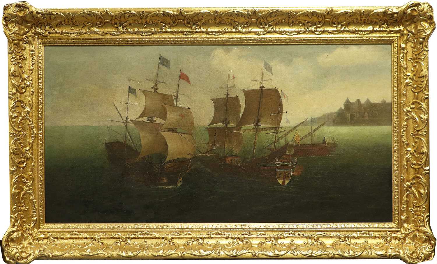 Style of Jan van Leyden (1509-1536) Dutch Warships off the coast Oil on canvas, 46.5cm by 93cm A - Bild 3 aus 20