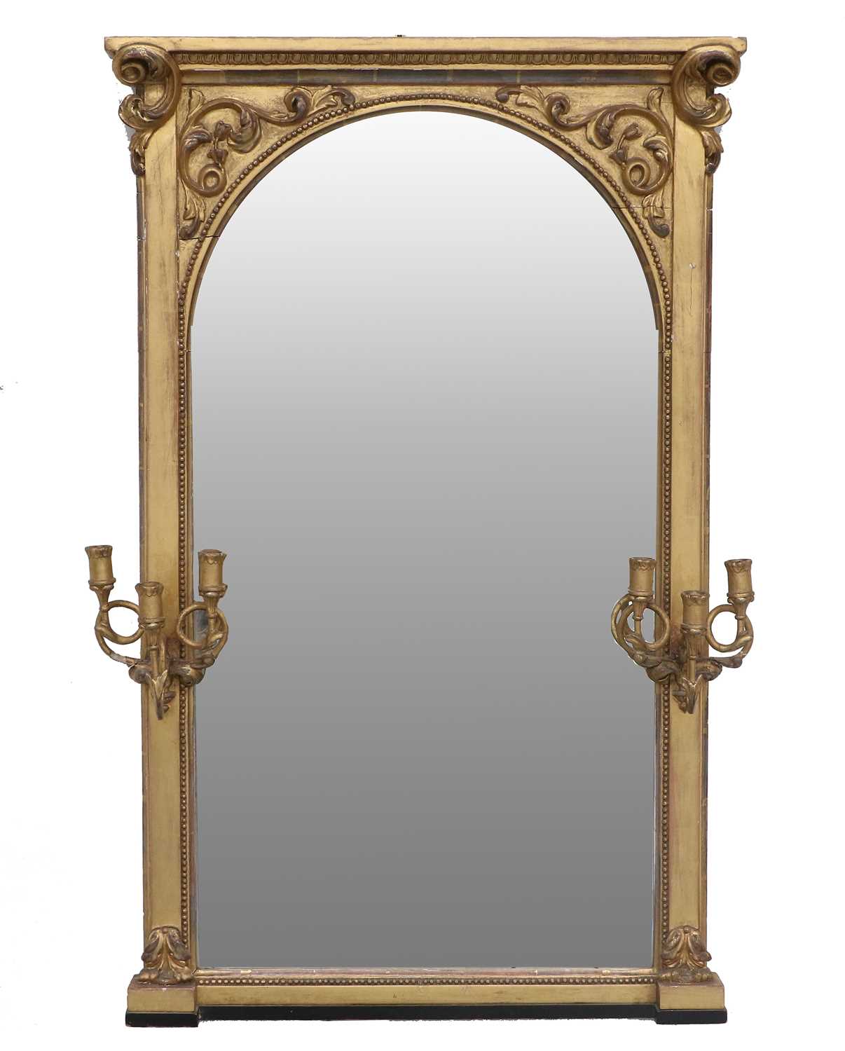 A Victorian Gilt and Gesso Girandole Mirror, 2nd half 19th century, the arched bevelled glass