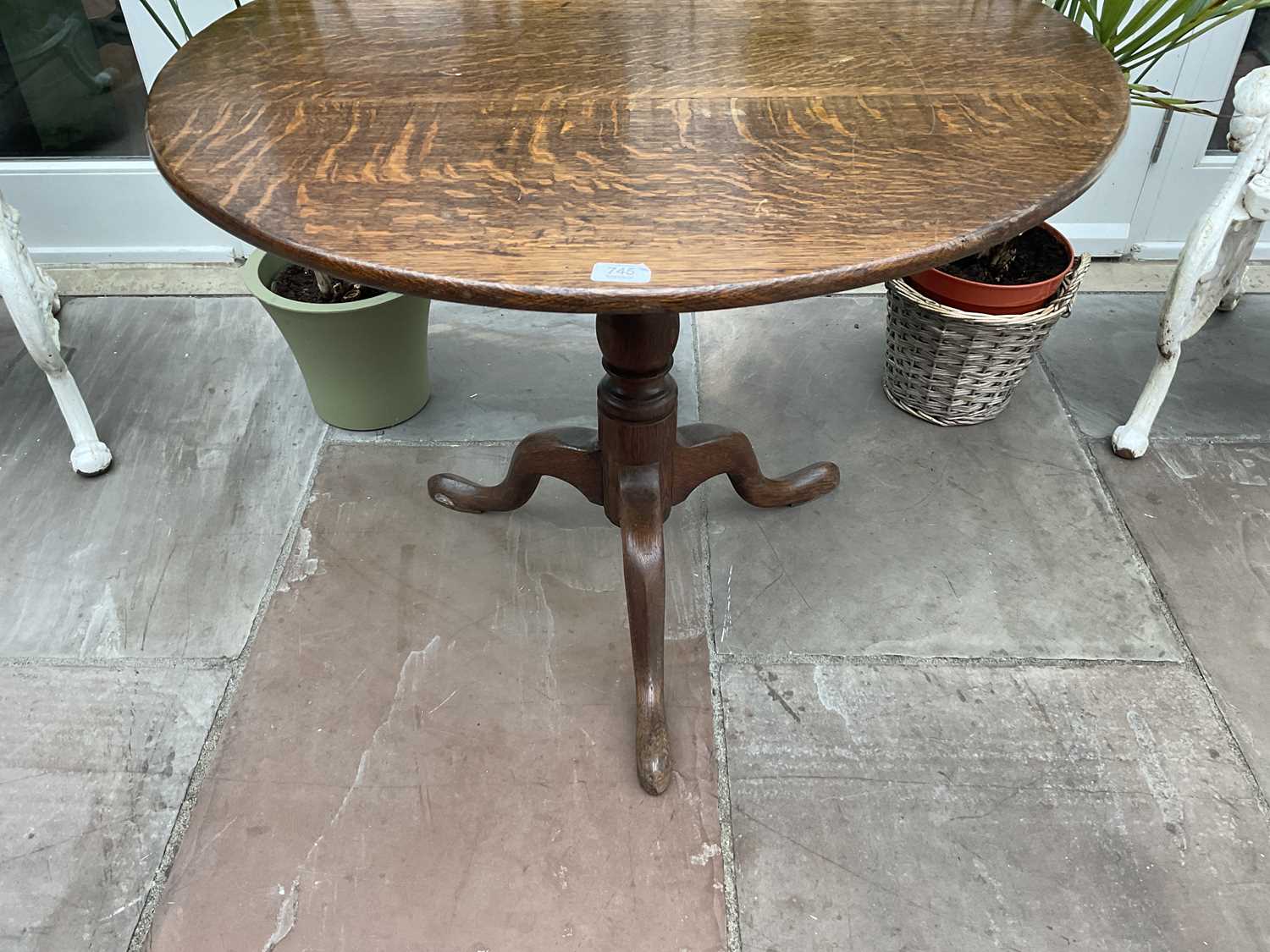 A George III Oak Circular Tripod Table, late 18th century, the flip-top on a vasiform support with - Image 9 of 9