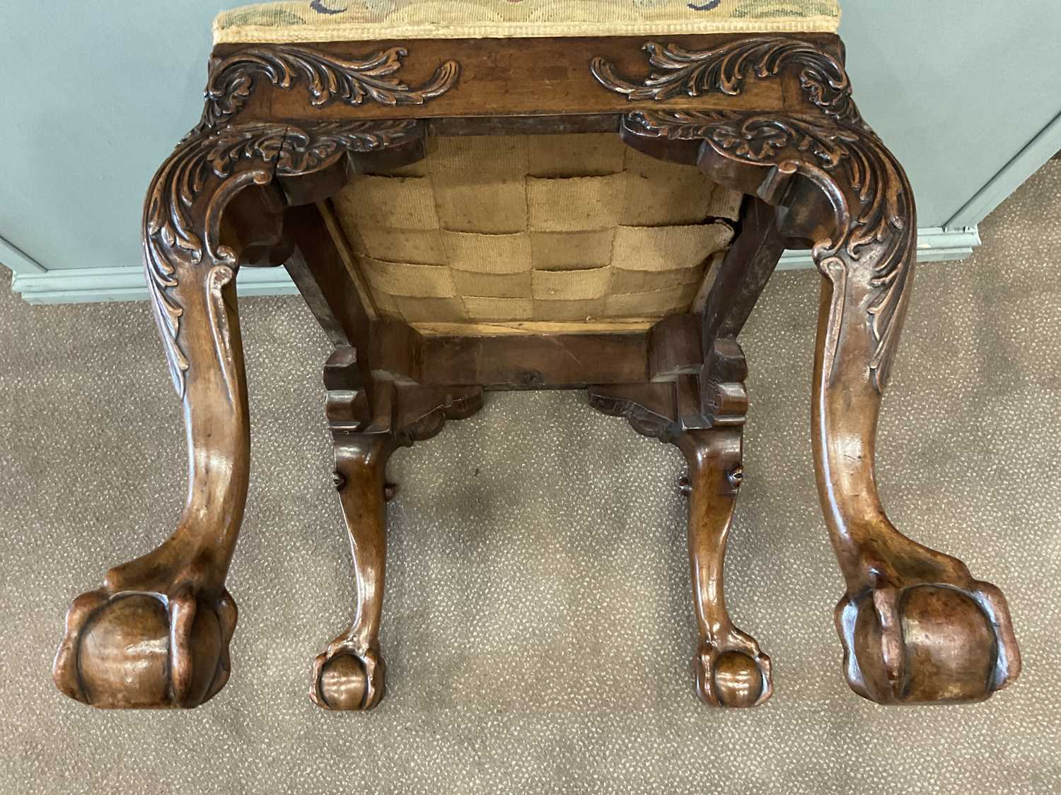 A George III Carved Mahogany Dressing Stool, late 18th century, covered in floral needlework, with - Image 9 of 12