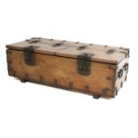 A Japanese Hardwood and Iron-Bound Trunk, modern, used as a coffee table with later glass top, the