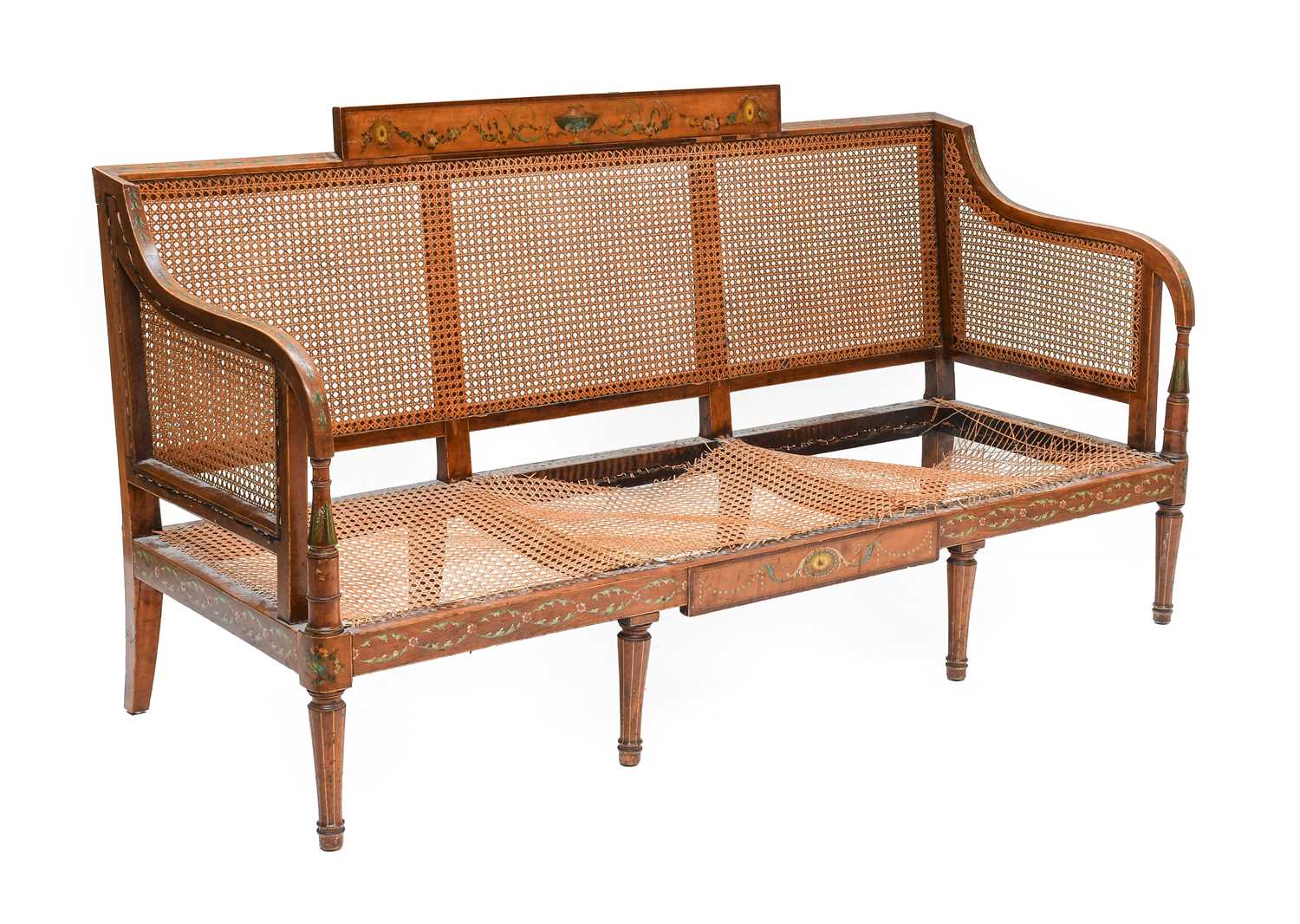 A George III Satinwood, Rosewood-Crossbanded and Polychrome-Painted Single-Cane-Seated Three-