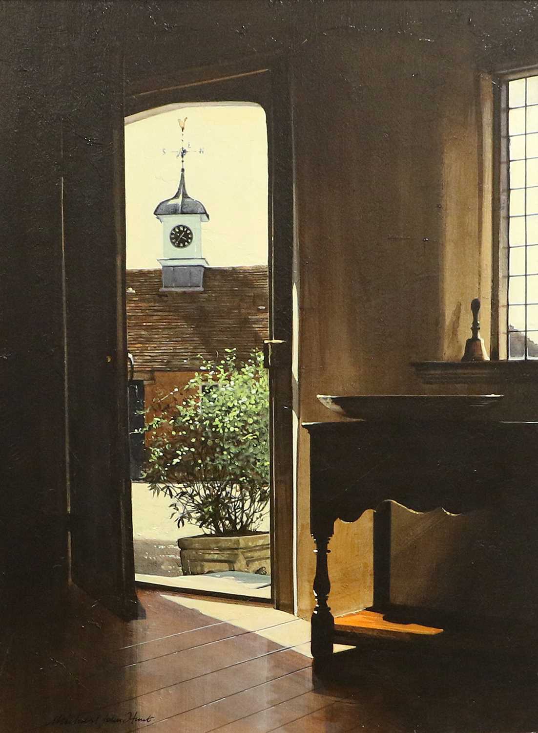 Michael John Hunt (b.1941) Interior scene with view through open doorway Signed, oil on panel,