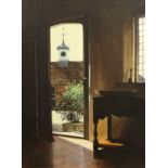 Michael John Hunt (b.1941) Interior scene with view through open doorway Signed, oil on panel,