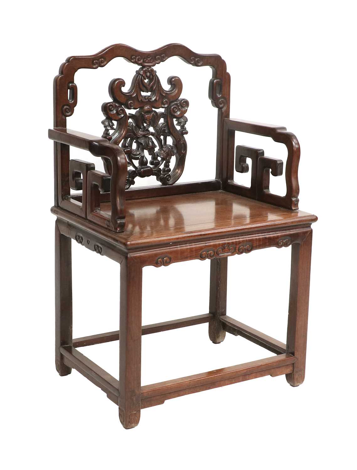 A Late 19th/Early 20th Century Carved Chinese Hardwood Open Armchair, with scrolled top rail above a