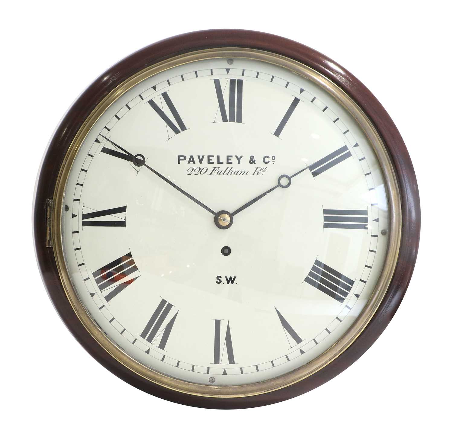 A Mahogany Wall Timepiece, signed Paveley & Co, 220 Fulham Rd, S.W, circa 1860, case with side and