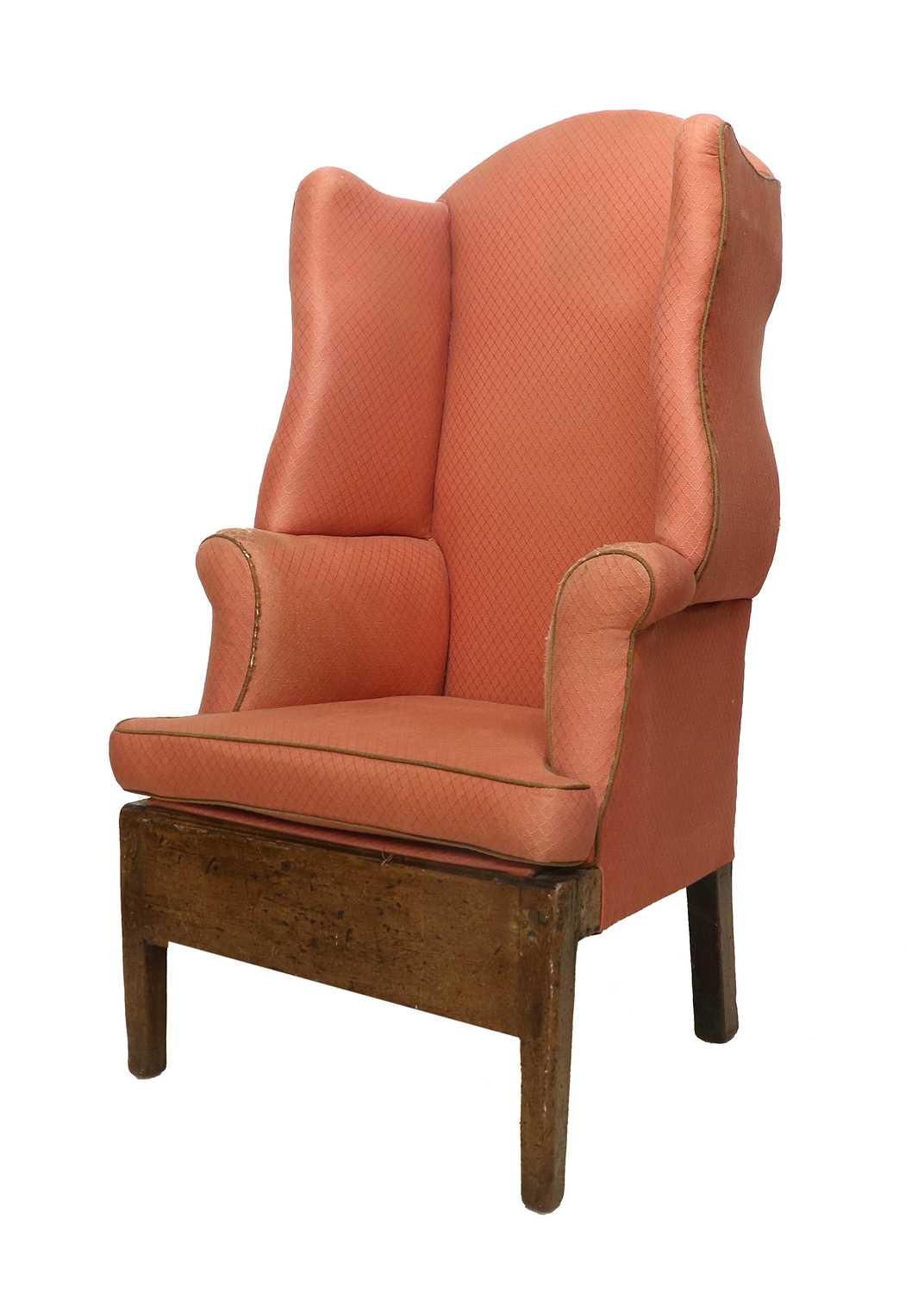 An Early 19th Century Wingback Armchair, recovered in worn pink geometric patterned fabric, the - Image 2 of 2