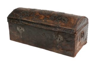 A George III Brass-Studded and Leather-Covered Travelling Trunk, the hinged lid with pine-lined