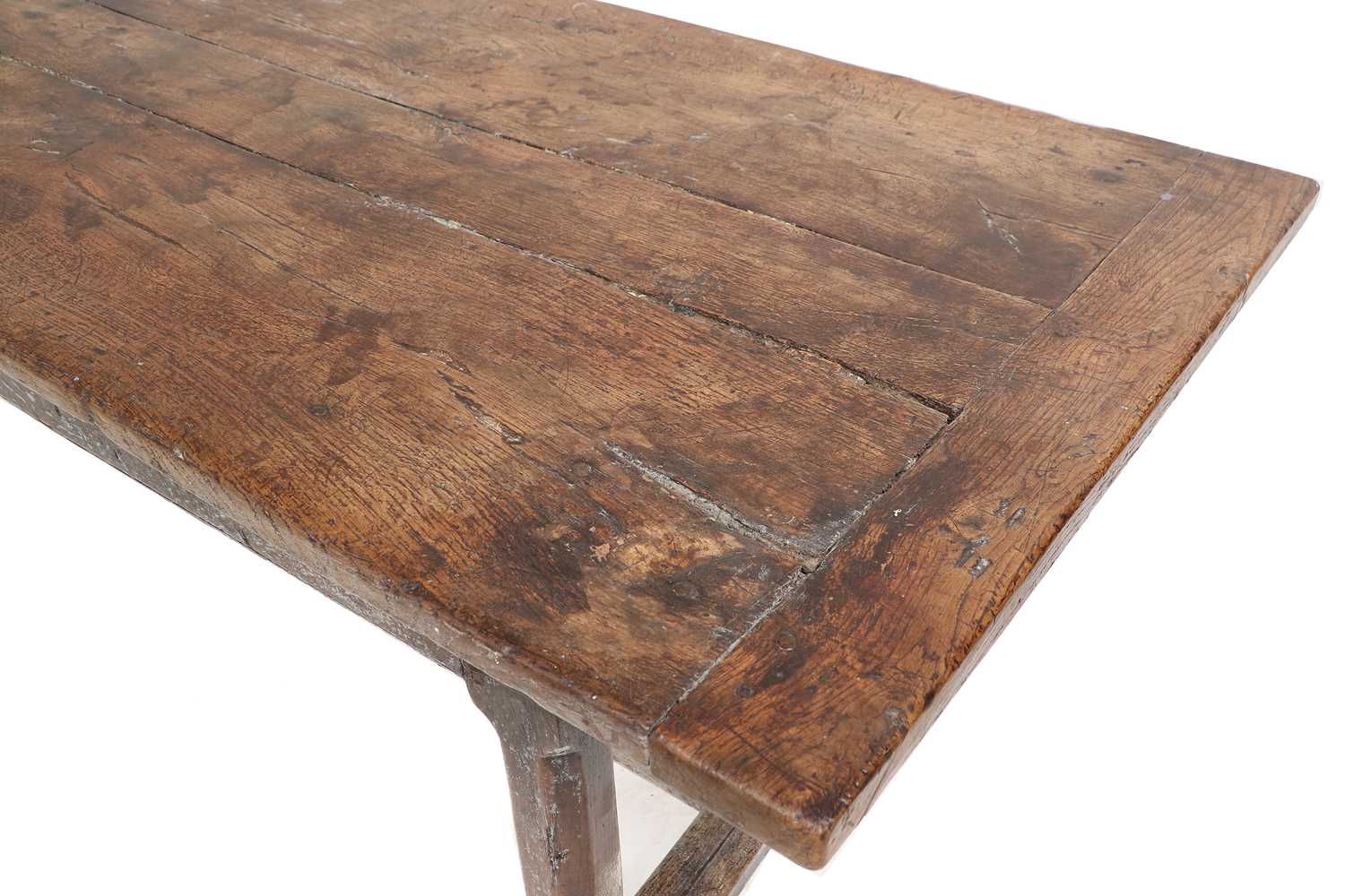 An Early 18th Century Rustic Oak Dining Table, the rectangular top of three-plank construction - Image 2 of 2