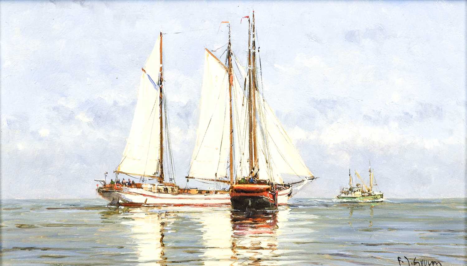 Frits Johan Goosen (b.1943) Dutch Sailboats in calm waters Signed, signed and inscribed verso, oil