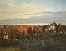 Wilhelm Richter (1824-1892) Austrian Grazing pasture with horses and figure wearing traditional
