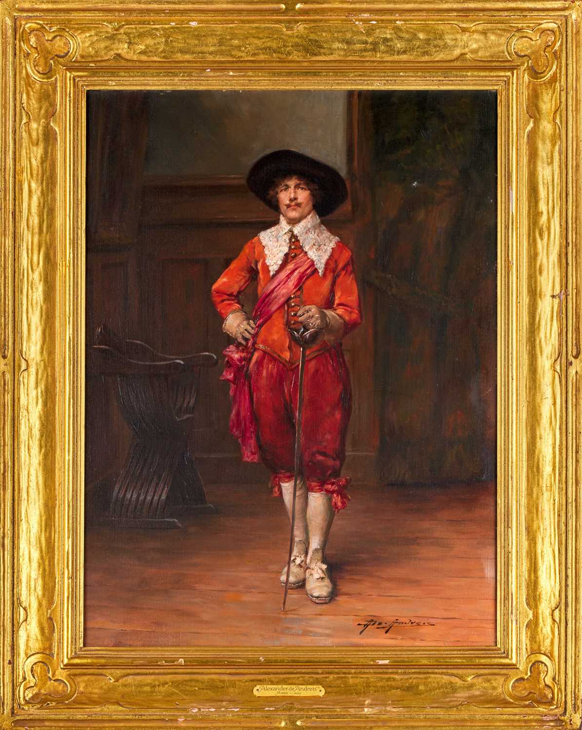 Alex de Andreis (1880-1920) Dutch A cavalier standing in a panelled interior Signed, oil on - Image 2 of 25