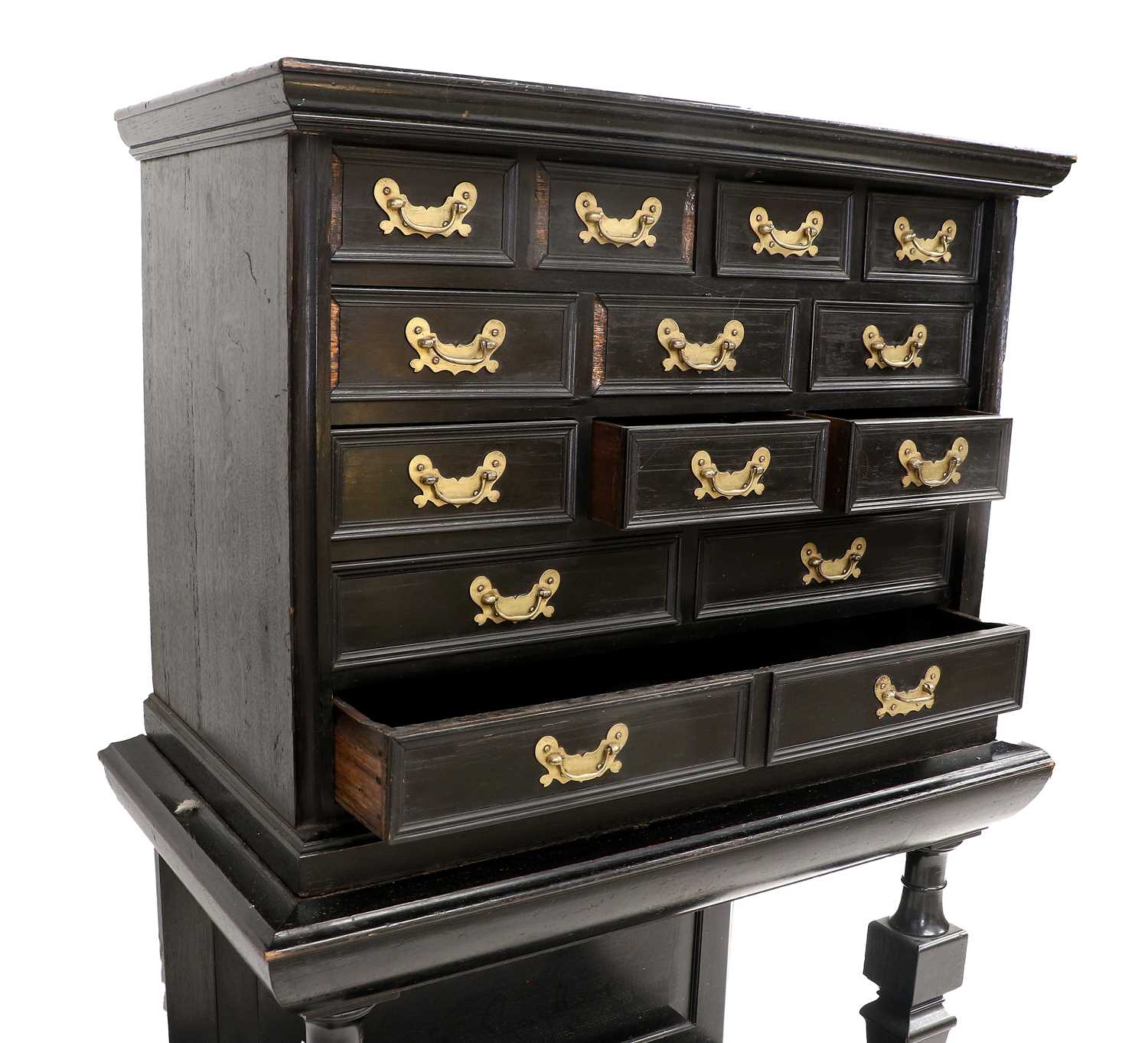 An Ebonised and Oak-Lined Cabinet on Stand, the moulded top above an arrangement of fourteen small - Image 3 of 3