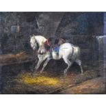 Continental School (19th Century) A saddled grey horse in a stable Indistinctly signed and dated,