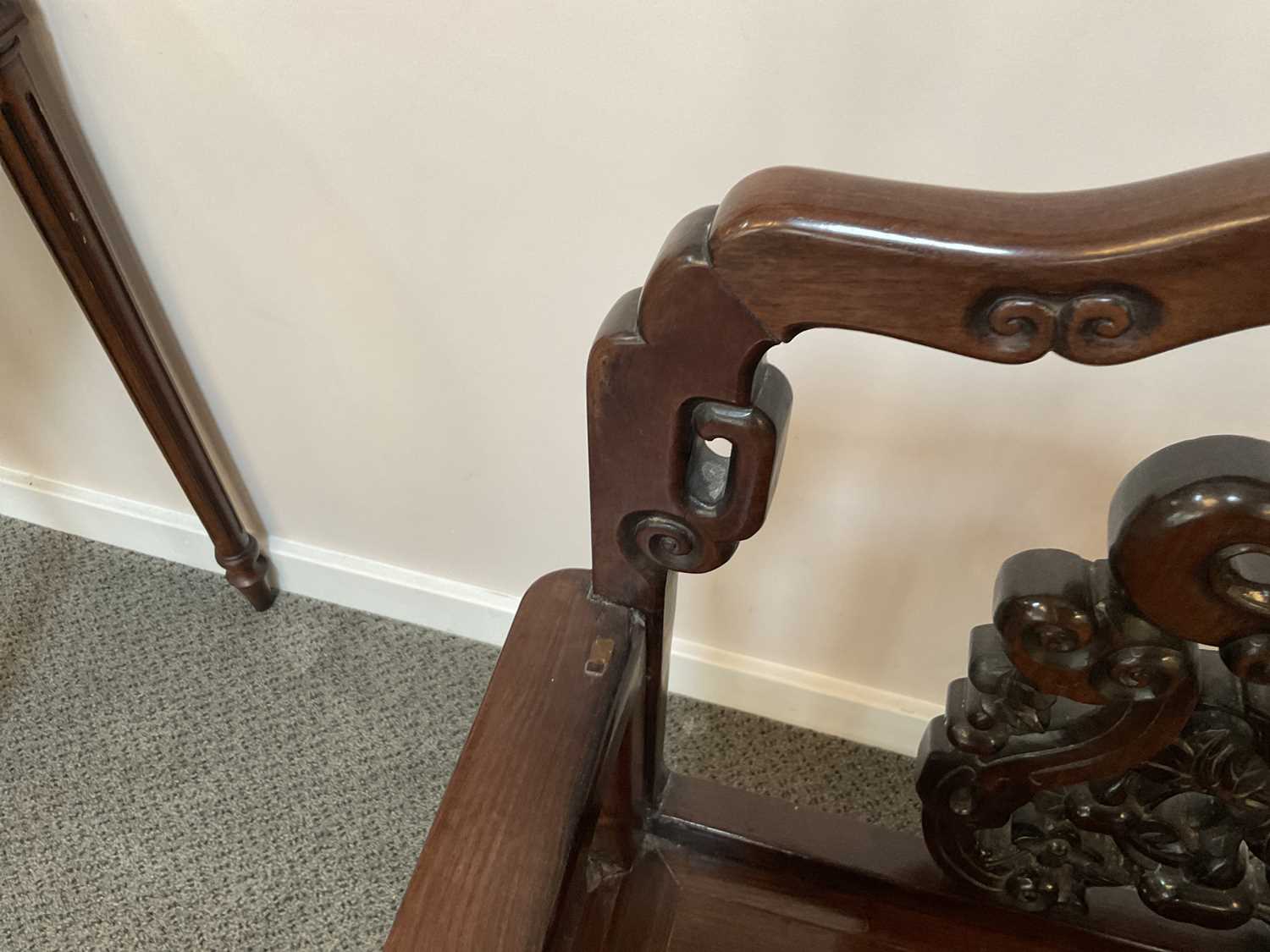 A Late 19th/Early 20th Century Carved Chinese Hardwood Open Armchair, with scrolled top rail above a - Image 3 of 11