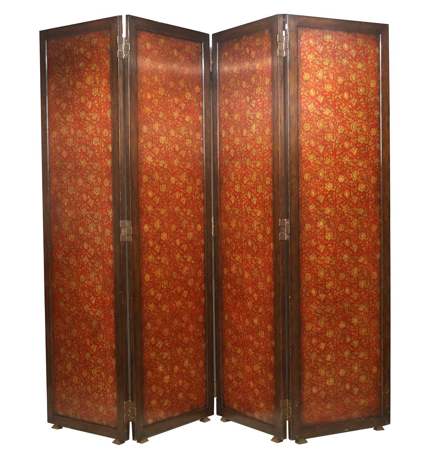 A Reproduction Four-Leaf Mahogany or Hardwood Dressing Screen, modern, each panel decorated with