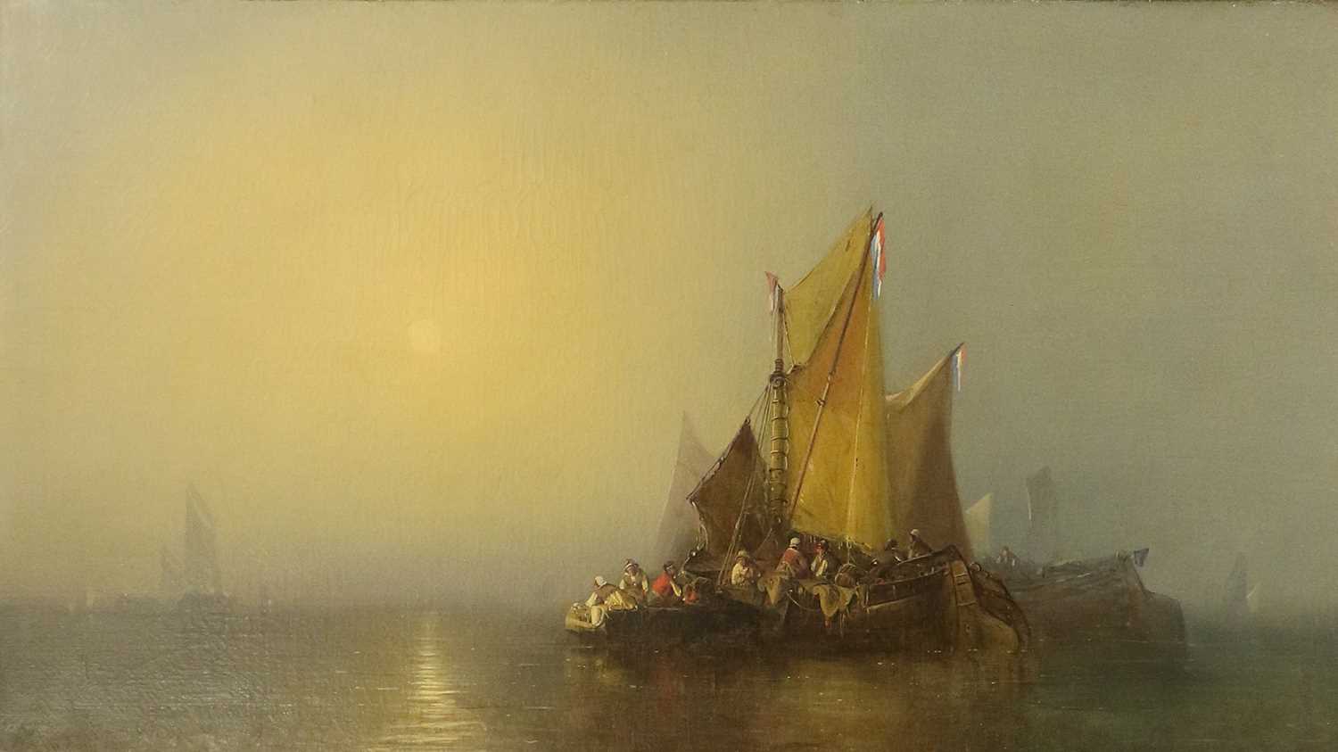 British School (Later 19th Century) Fishing boats in a calm at dusk Indistinctly signed C W