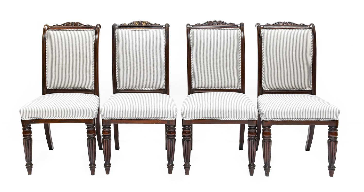 A Set of Four Carved Mahogany Dining Chairs, in the manner of Gillows, mid 19th century, recovered