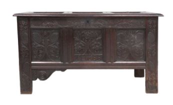 A Late 17th Century Westmorland Joined Oak Chest, initialled SL and dated 1688, the moulded hinged