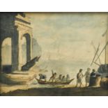 Manner of Guiseppe Zais (1709-1781) Italian Figures setting out from a small harbour Mixed media,