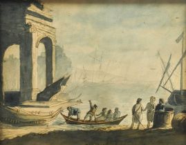 Manner of Guiseppe Zais (1709-1781) Italian Figures setting out from a small harbour Mixed media,