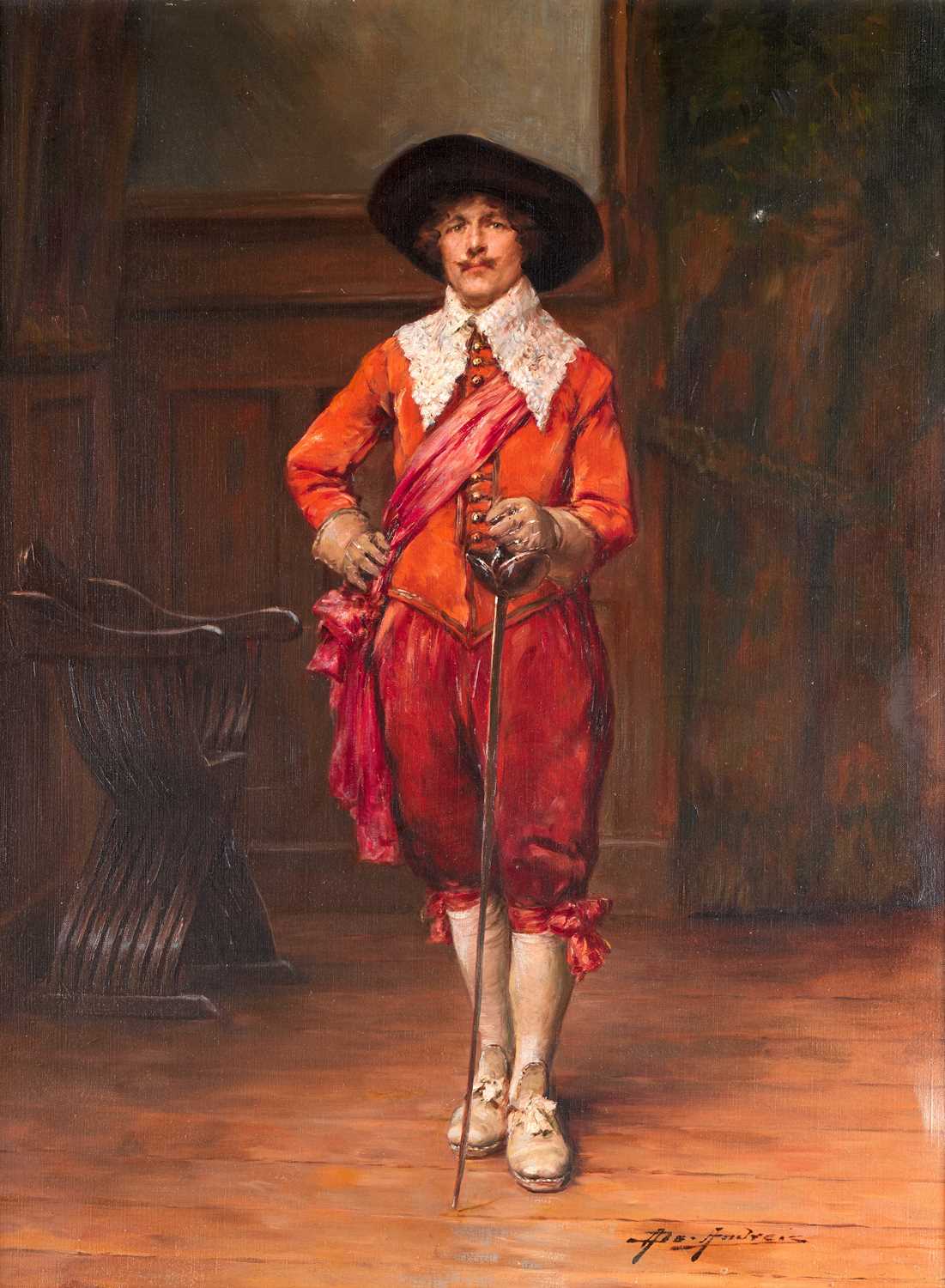 Alex de Andreis (1880-1920) Dutch A cavalier standing in a panelled interior Signed, oil on