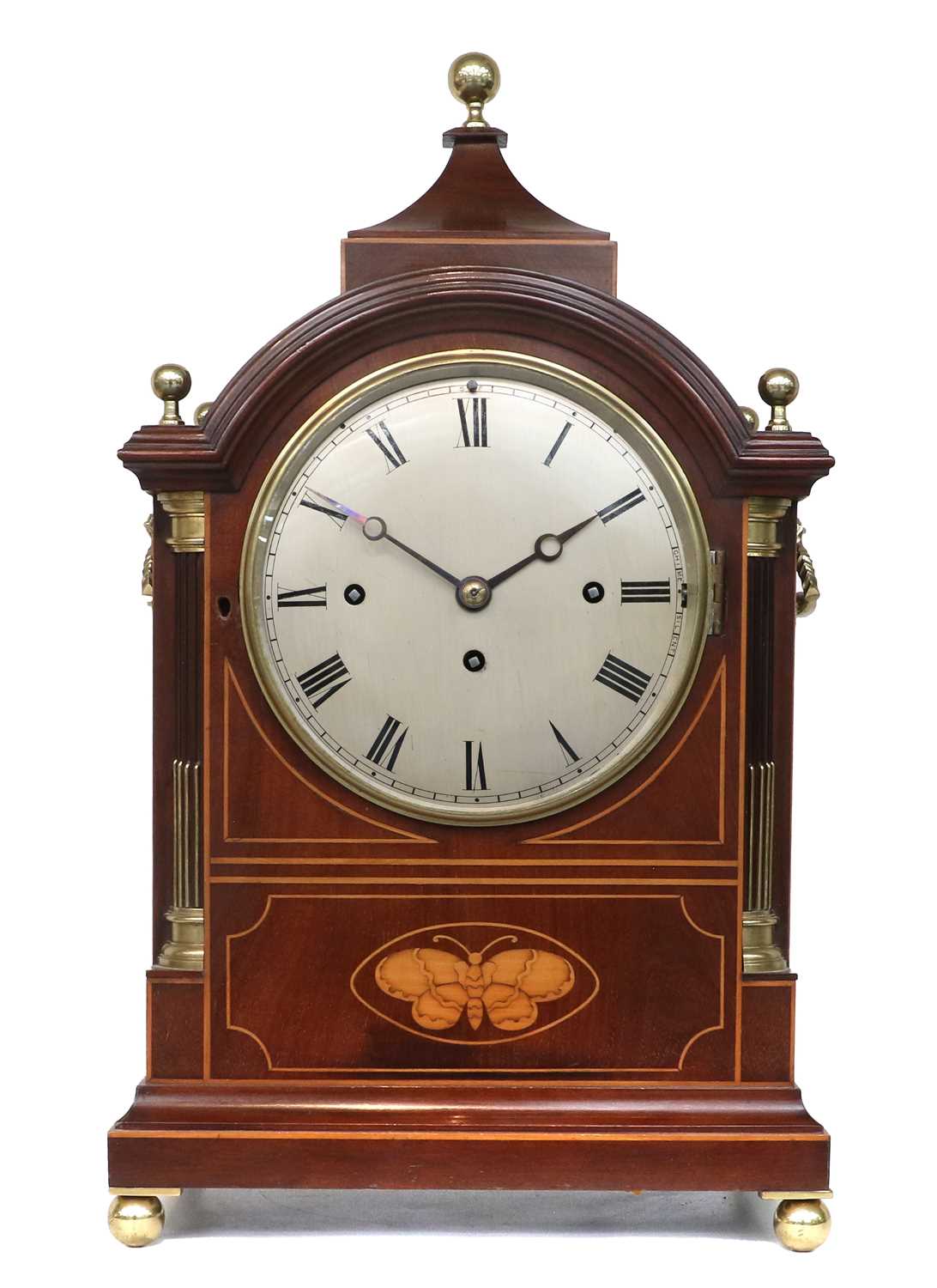 A Mahogany Chiming Table Clock, circa 1900, arched pediment with brass ball finials, stop brass