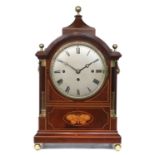 A Mahogany Chiming Table Clock, circa 1900, arched pediment with brass ball finials, stop brass