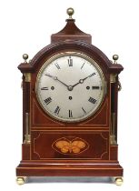 A Mahogany Chiming Table Clock, circa 1900, arched pediment with brass ball finials, stop brass