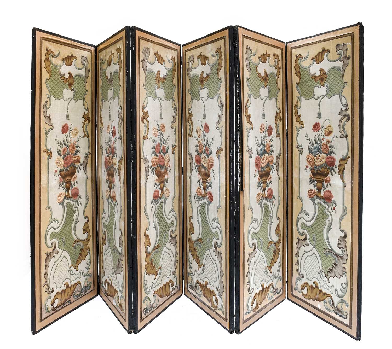 A 19th Century Ebonised and Parcel-Gilt Six-Leaf Dressing Screen, each panel painted both sides