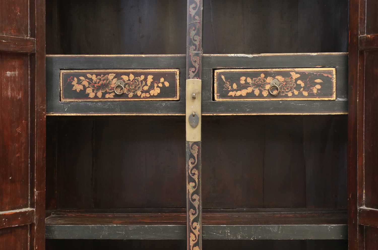A Chinese Ebonised and Parcel Gilt Wedding Cabinet, late 19th/early 20th century, the two cupboard - Image 2 of 14