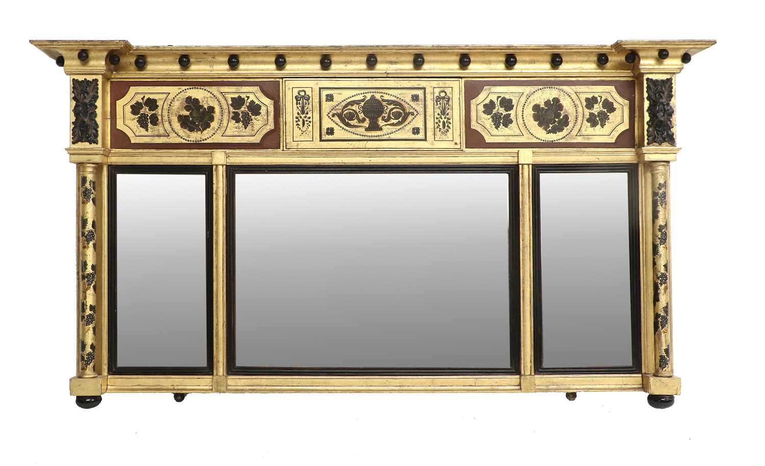A Regency Gilt and Part-Ebonised Overmantel Mirror, early 19th century, of breakfront form with bold