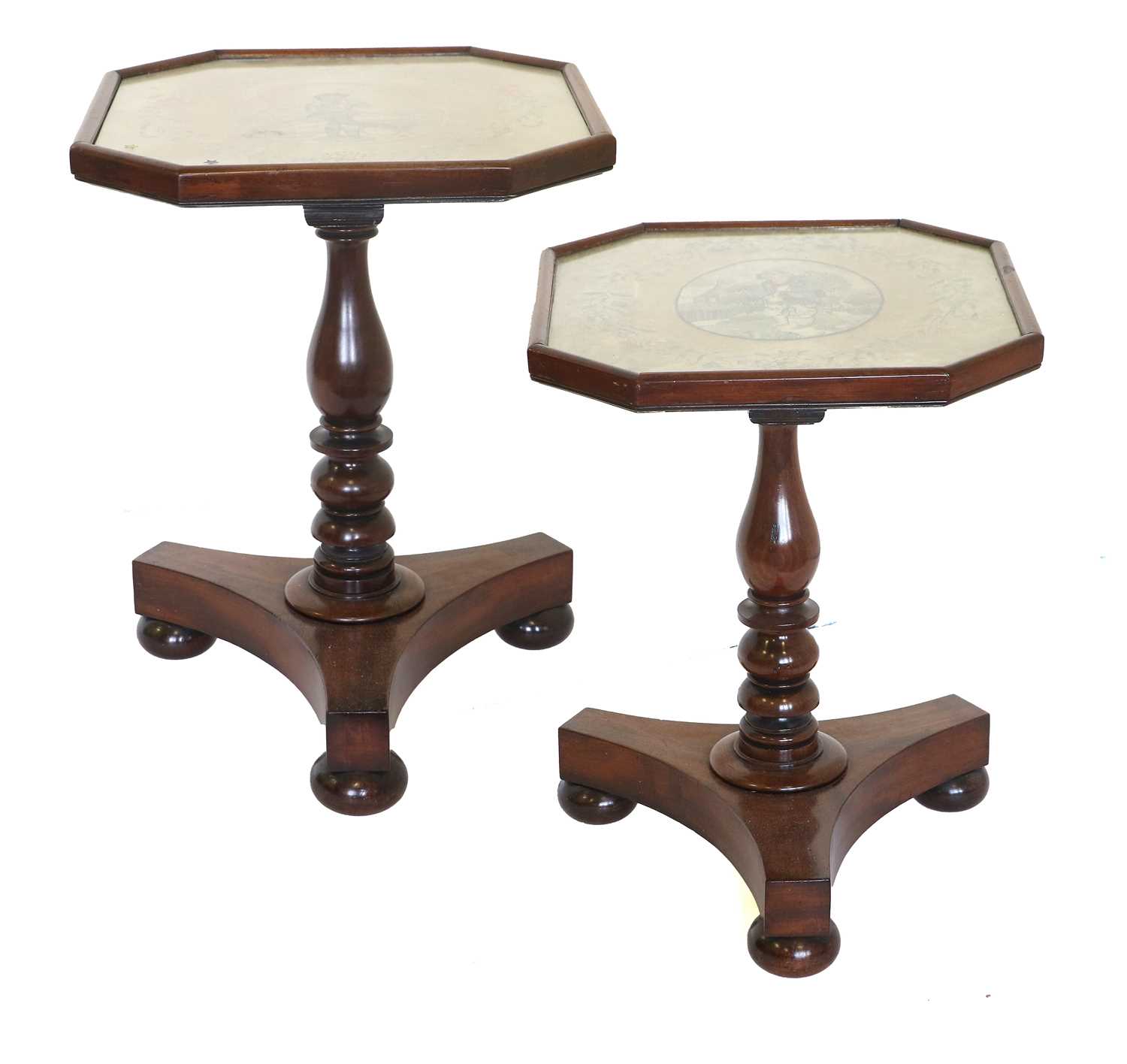 A Pair of Victorian Tripod Tables, the associated octagonal glazed tops enclosing silk floral