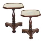 A Pair of Victorian Tripod Tables, the associated octagonal glazed tops enclosing silk floral