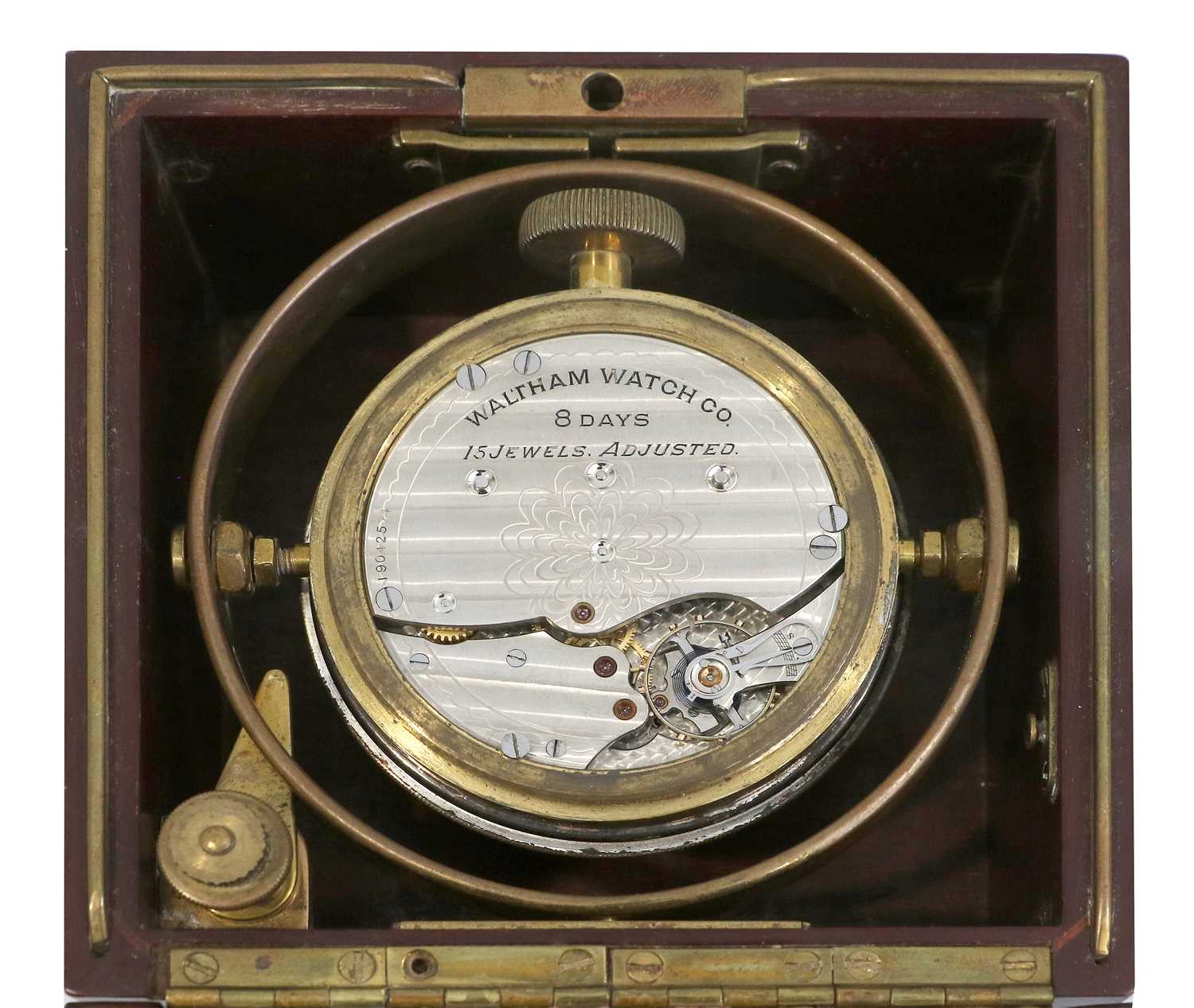 A Mahogany Eight Day Deck Watch, signed Waltham Watch Co, circa 1913, mahogany case with brass bound - Image 6 of 7