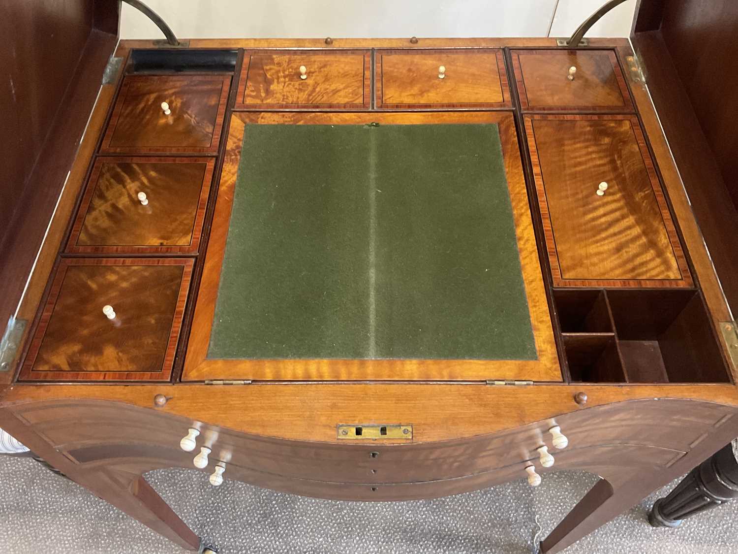 A George III Satinwood, Tulipwood-Banded and Marquetry-Inlaid Serpentine Dressing Table, early - Image 10 of 12