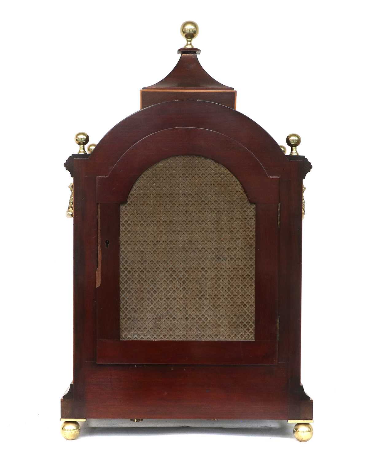 A Mahogany Chiming Table Clock, circa 1900, arched pediment with brass ball finials, stop brass - Image 3 of 5