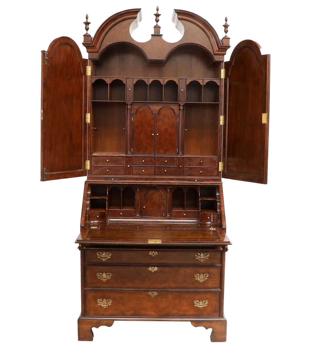 A Queen Anne-Style Burr Walnut, Crossbanded and Featherbanded Bureau Bookcase, modern, the scroll - Image 2 of 2