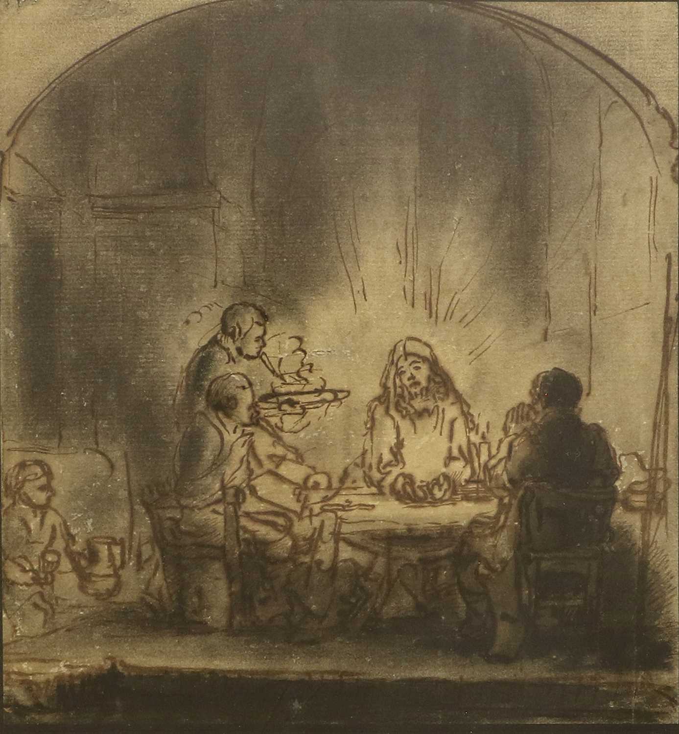 Follower of Rembrandt (1606-1669) Dutch Supper at Emmaus Ink and wash, 19cm by 18cm A flat, even