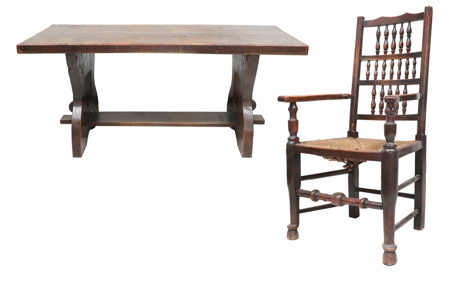 A Solid Oak Refectory-Style Dining Table, 20th century, the rectangular top above trestle end - Image 2 of 6