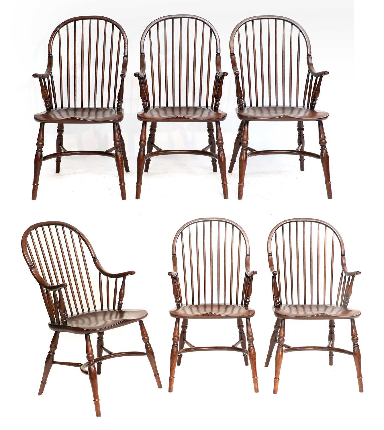 A Set of Six Stained Oak/Ash Windsor-Style Armchairs, of recent date, each with spindle back
