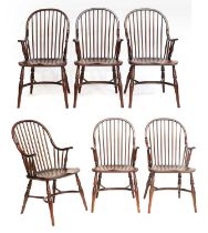 A Set of Six Stained Oak/Ash Windsor-Style Armchairs, of recent date, each with spindle back