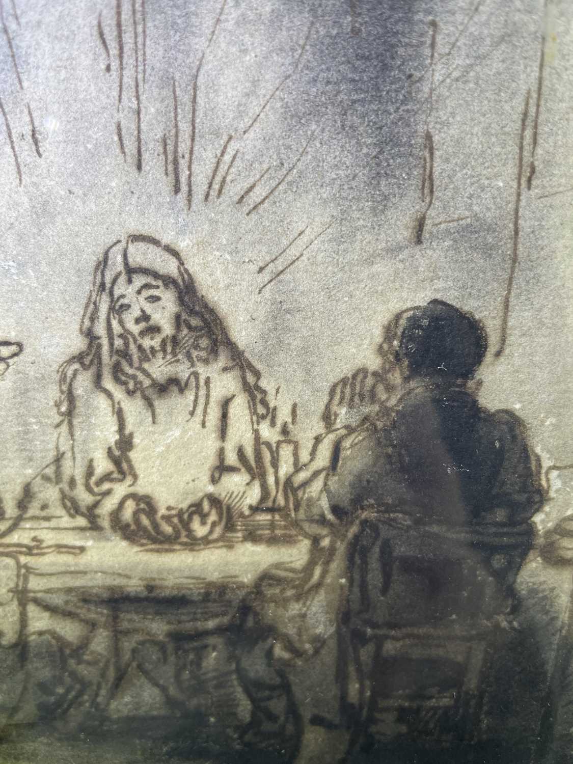 Follower of Rembrandt (1606-1669) Dutch Supper at Emmaus Ink and wash, 19cm by 18cm A flat, even - Image 6 of 10