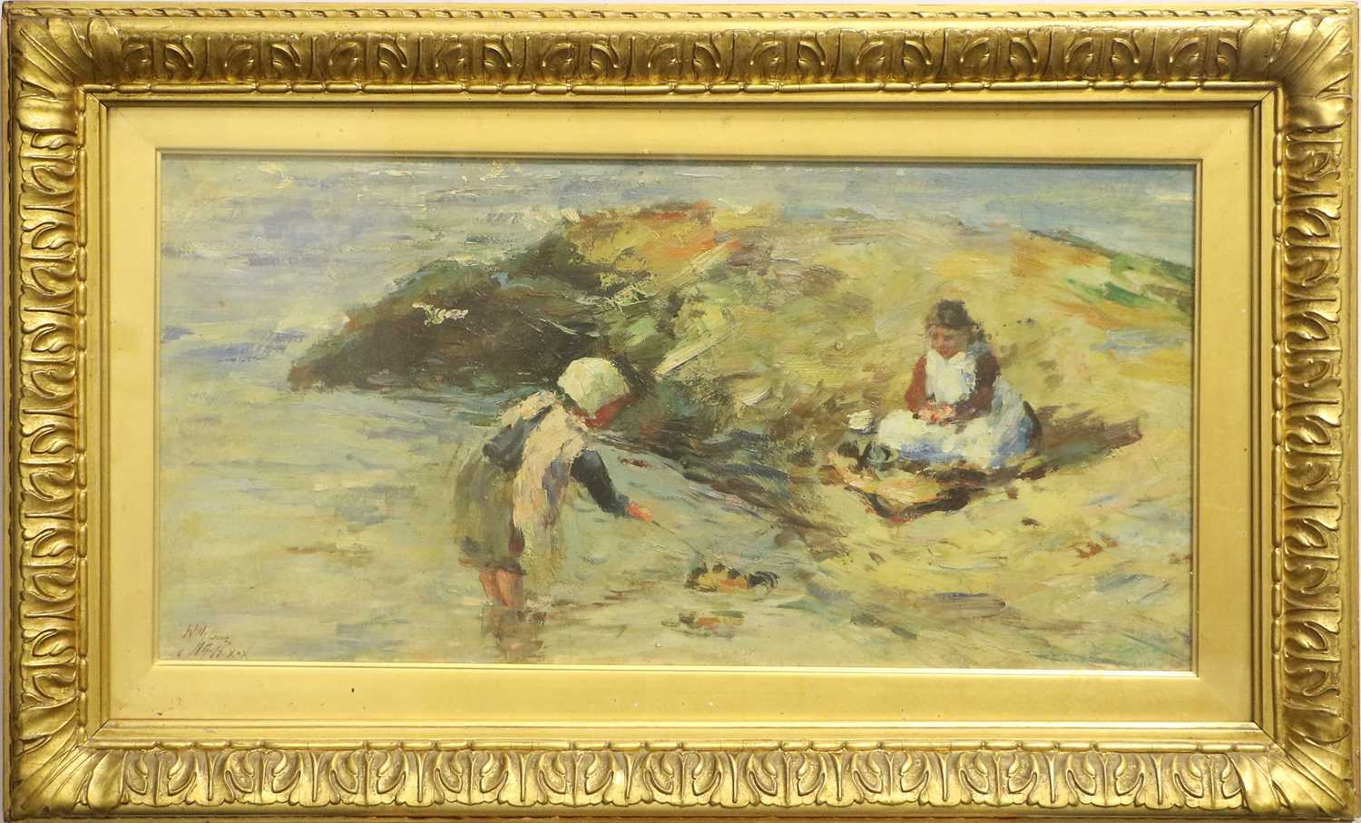 Marion Maud Gemmell Hutchison (1887-1963) Scottish Children on a Beach Inscribed, oil on canvas, - Image 2 of 3