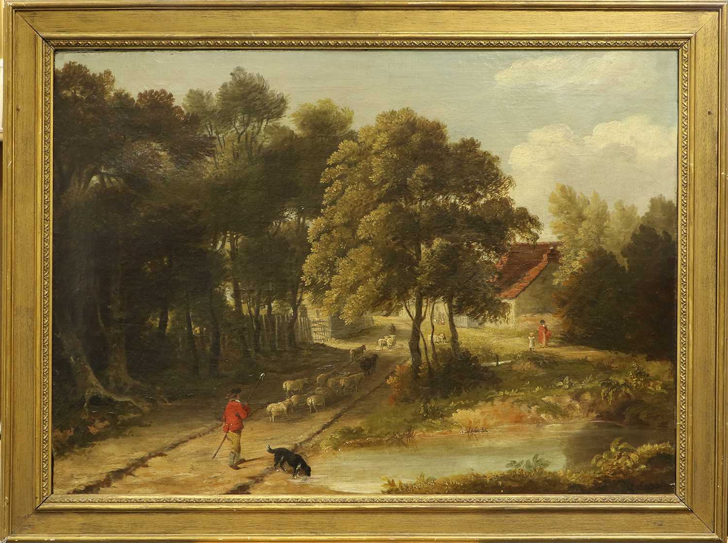 British School (Early 19th Century) A shepherd and his flock on a wooded country pathway - Image 2 of 3