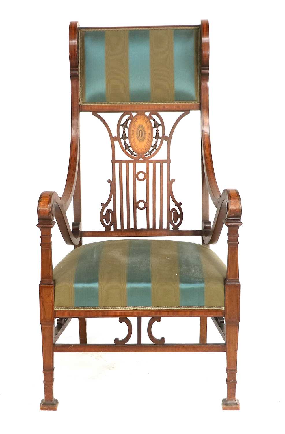 A Late 19th Century Walnut, Satinwood-Banded, Ebony and Boxwood-Strung Open Armchair, recovered in - Bild 2 aus 2