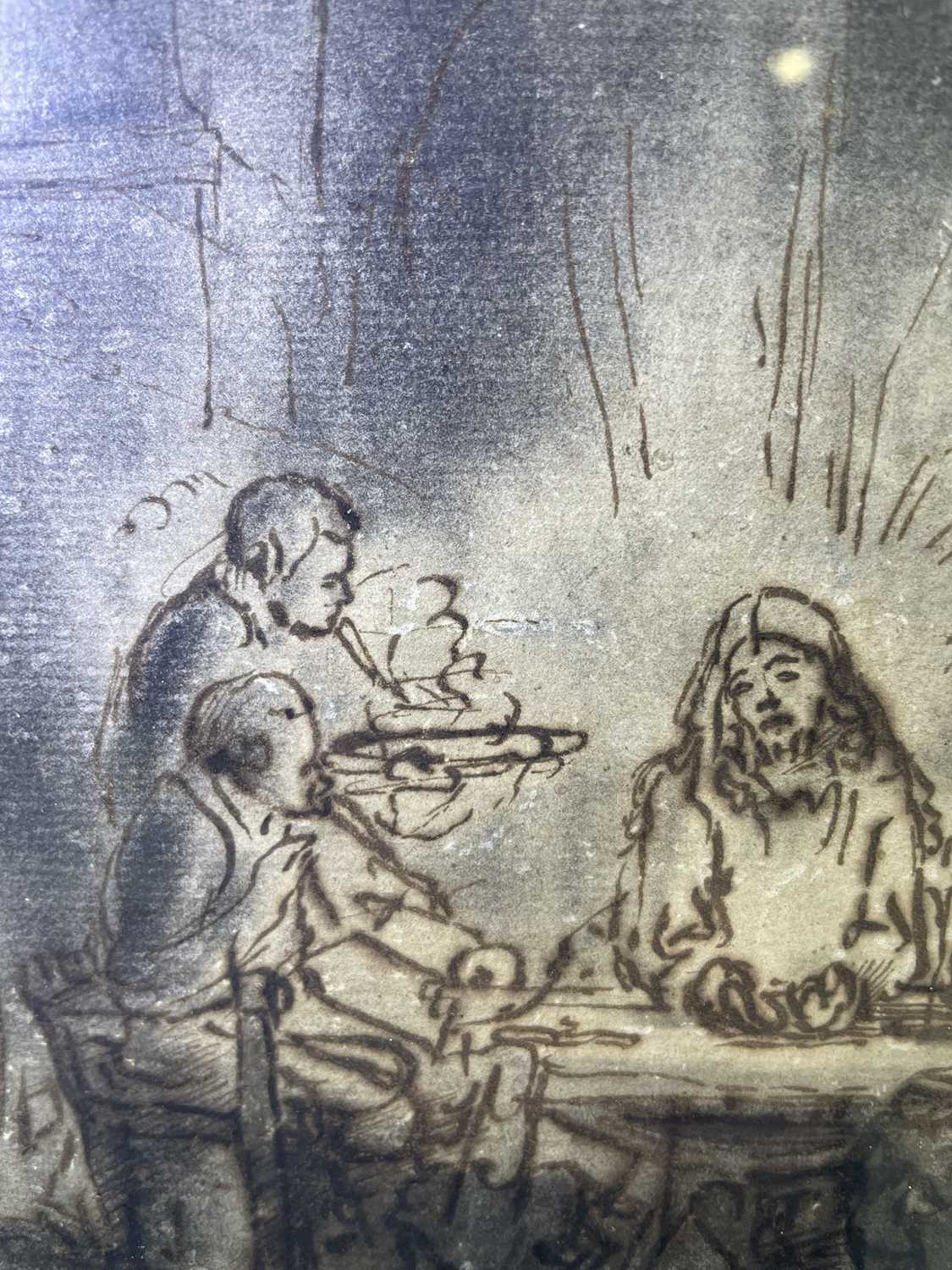 Follower of Rembrandt (1606-1669) Dutch Supper at Emmaus Ink and wash, 19cm by 18cm A flat, even - Image 4 of 10