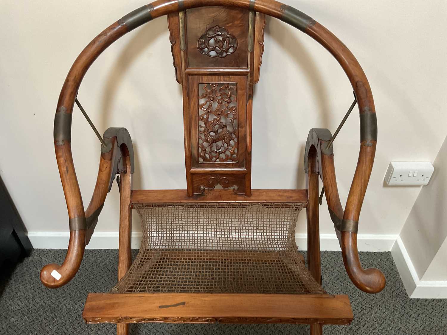 A Pair of 20th Century Chinese Hardwood Horseshoe-Back Folding Chairs, each with metal bands and - Image 6 of 16