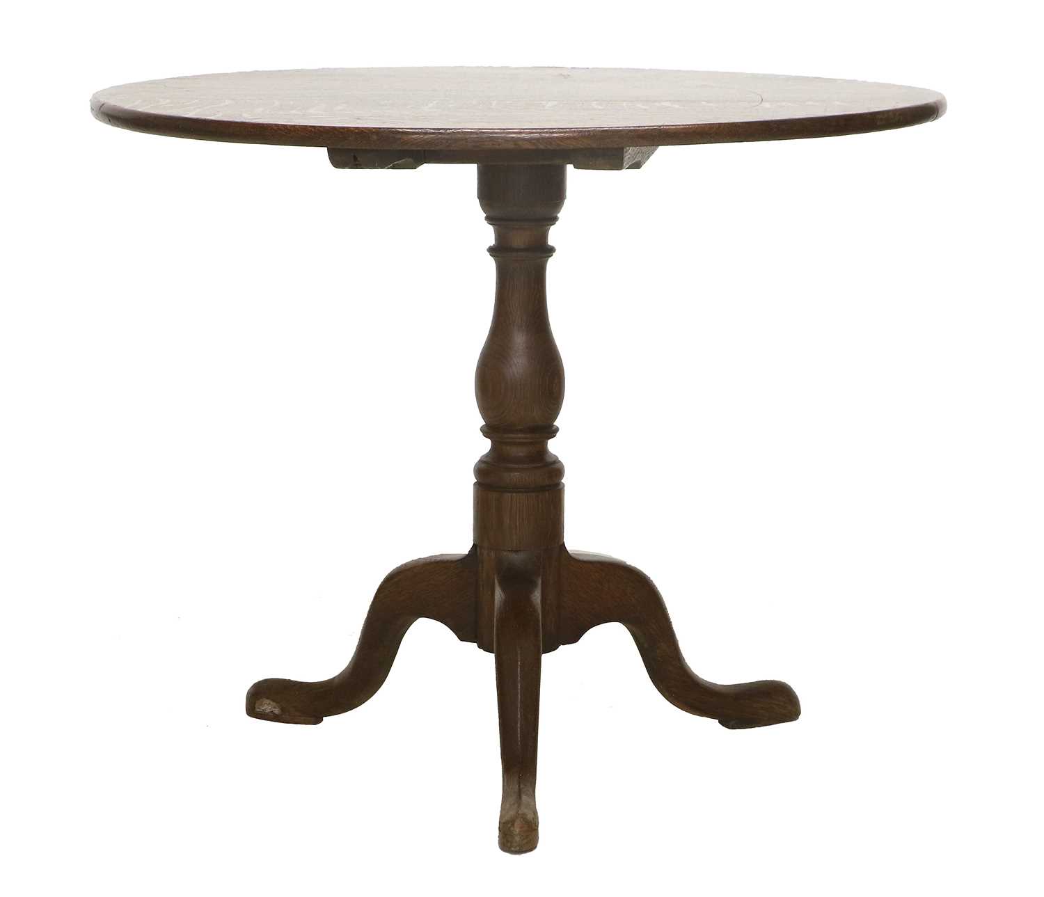 A George III Oak Circular Tripod Table, late 18th century, the flip-top on a vasiform support with - Image 2 of 9